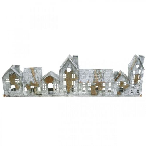 Világító házak, ablakdísz, világító házak ezüst, fém lámpás antik megjelenés L67,5cm H20cm