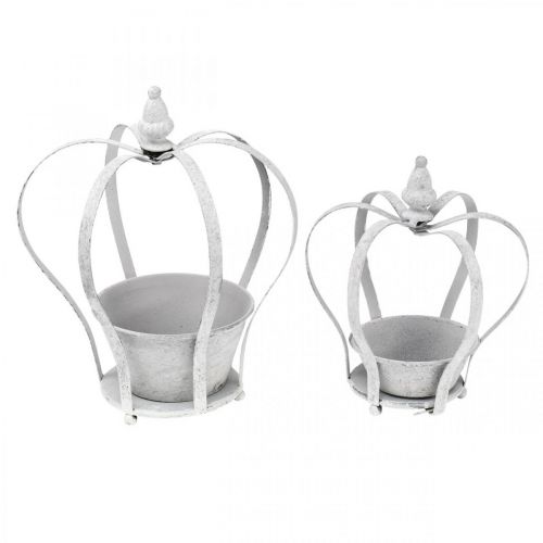 Dekoratív korona ültetéshez, kopott sikkes, fém korona, kerti dekoráció fehérre mosott, 2db-os készlet