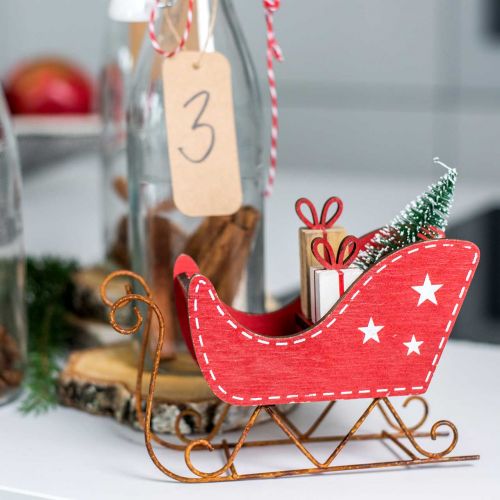 Floristik24 Szánkó fa piros 15,5cm x 15cm x 6cm