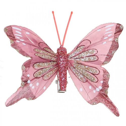 tételeket Deco pillangók klipszel, tollpillangók rózsaszín 4,5-8cm 10db