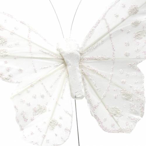 tételeket Dróton fehér tollas pillangó csillámmal 10cm 12db