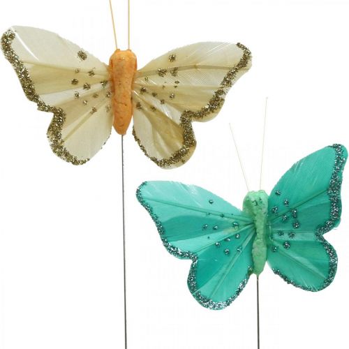 Pillangó csillámmal, deko dugókkal, tollpillangó tavaszi sárga, türkiz, zöld 4×6,5cm 24db