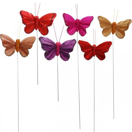 Floristik24 Tavaszi, tollas pillangók csillámmal, deko pillangó piros, narancssárga, rózsaszín, ibolya 4×6,5cm 24db