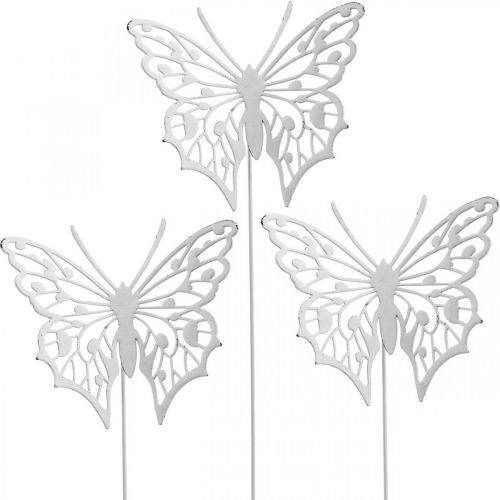 Floristik24 Virágdugó pillangó, kertdísz fém, növény dugó shabby chic fehér, ezüst L51cm 3db