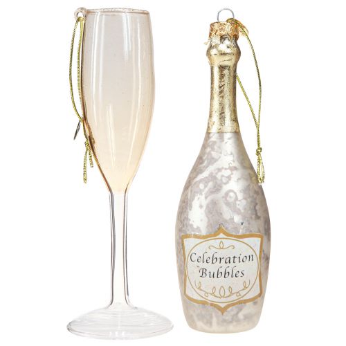 Floristik24 Pezsgős üveg és pohár, fadíszek, évforduló, akasztható üvegdíszek, szilveszteri H14,5cm valódi pohár 2db