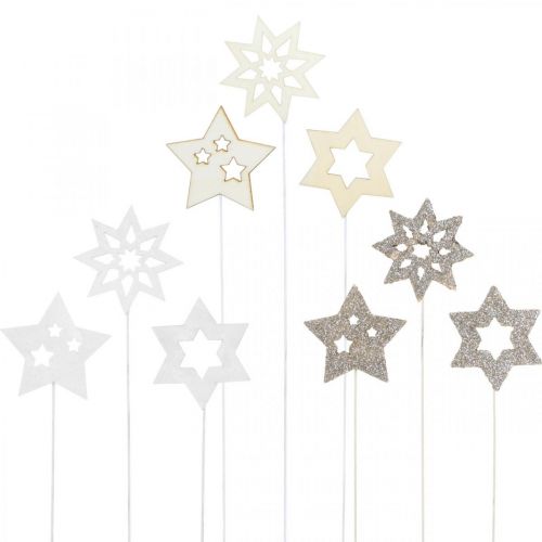 Floristik24 Virágdugó csillagok, Advent, virágdísz, fa csillagok natúr, fehér, arany csillogó L27 / 28,5cm 18db