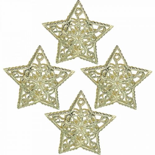 Szórt dekorációs csillagok, fénylánc rögzítés, karácsonyi, fém dekoráció arany Ø6cm 20 db