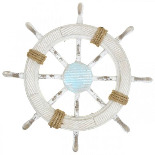 Floristik24 Tengeri dekoráció, fa kormánykerék natúr, kék-fehér shabby chic Ø35cm