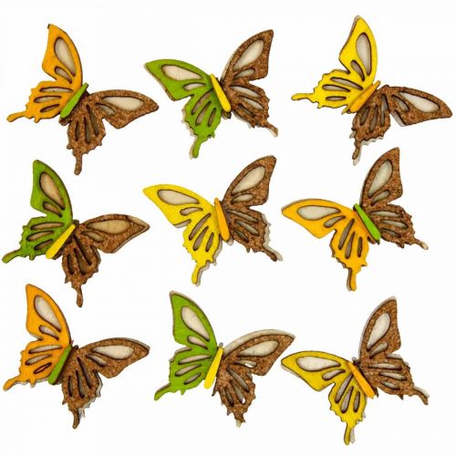 Szórványos dekoráció pillangók fa zöld/sárga/narancs 3×4cm 24db