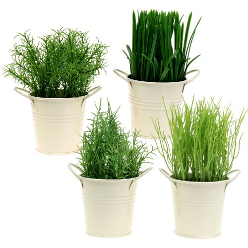 Floristik24 Konyhai fűszernövények cinkedényben mesterséges 16cm 4db