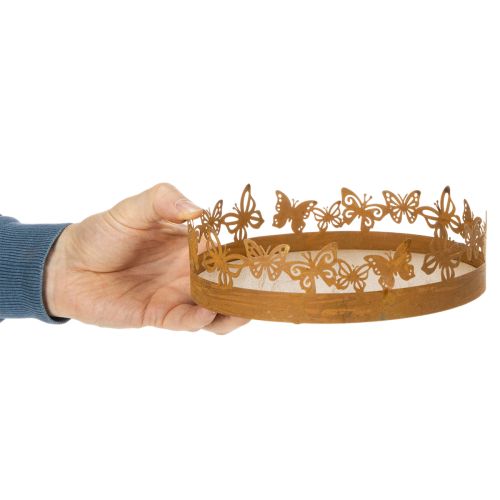 Tálca pillangókkal, rugós, asztaldísz, fém dekoráció, rozsdás felület, Ø20cm M6.5cm | Floristik24.hu