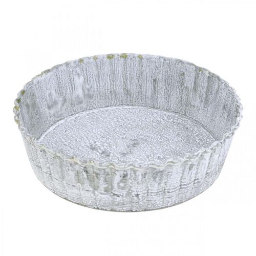 Keksz alakú fém tányér, kerek dísztálca, asztali dekoráció mosott fehér Ø14cm H4cm