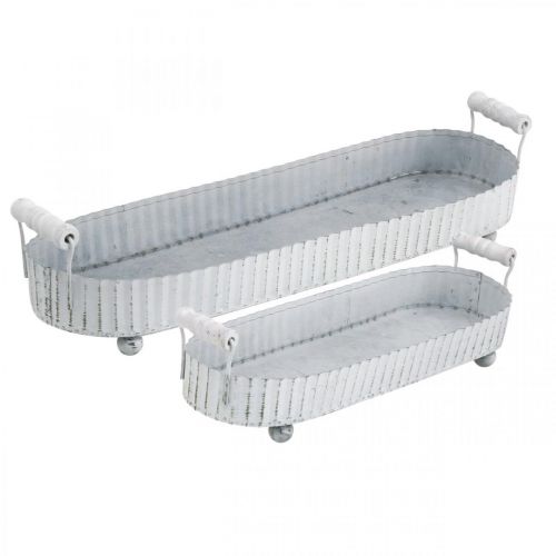 Dekoratív tálca, fém dekoráció ovális, gyertyatartó fehér, ezüst Shabby Chic L40 / 29,5cm 9,5 / 8,5cm 2 db-os készlet