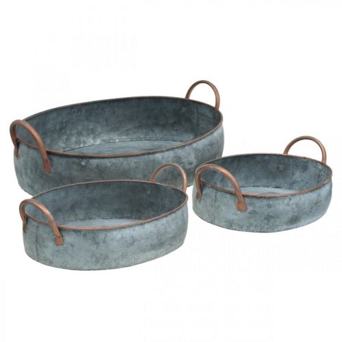 Floristik24 Fém tál fogantyúval, virágtartó, dísztálca Shabby Chic ezüst, fehér mosott L35,5 / 30,5 / 26,5 cm 3 db-os készlet