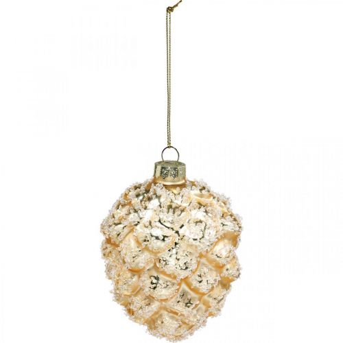 Floristik24 Akasztható kúpok, fadíszek, hóval borított dekó kúpok Golden H9,5cm Ø8cm valódi üveg 3db