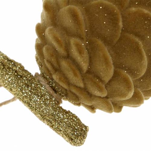 Floristik24 Dekoratív akasztókúpok bolyhos barna, arany 9 × 7 cm / 8,5 × 6 cm 4db