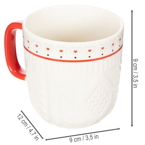 Kávésbögre piros füllel, kötött mintával és szívdíszítéssel, kerámia, 9cm, 2 darab | Floristik24.hu