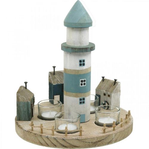 Floristik24 Lighthouse teamécses tartó kék, fehér 4 db mécses Ø25cm H28cm