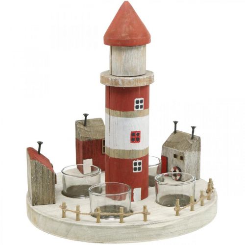 Floristik24 Lighthouse teamécses tartó piros, fehér 4 db mécses Ø25cm H28m