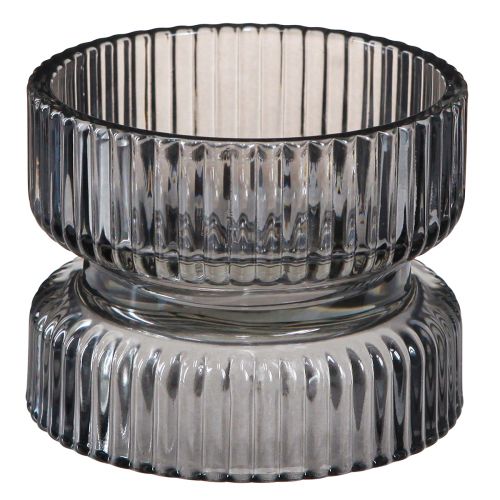 Floristik24 Gyertyatartó üveg dekoratív bordás szürke színezett Ø9cm H7cm 4 db