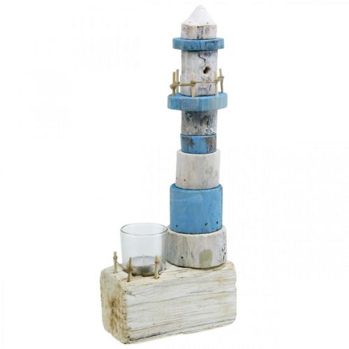 tételeket Fa világítótorony tealámpás üveg tengeri dekorációval kék, fehér H38cm