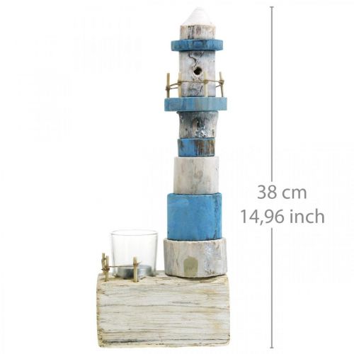 Floristik24 Fa világítótorony tealámpás üveg tengeri dekorációval kék, fehér H38cm