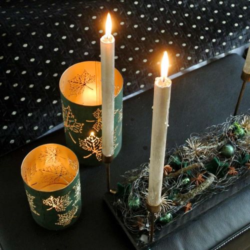 Floristik24 Lámpás fém levelek zöld, arany H20 / 15 / 10 cm, 3 db-os készlet