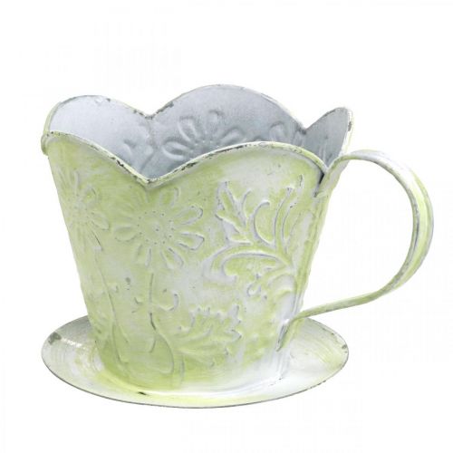 Ültető, dekoratív kávészűrő tartó, fém csésze ültetéshez, virágdísz zöld, fehér shabby chic H11cm Ø11cm