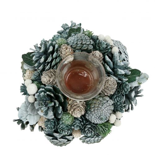 Floristik24 Asztali dekorációs koszorú kúpokból teamécses zöld Ø20cm