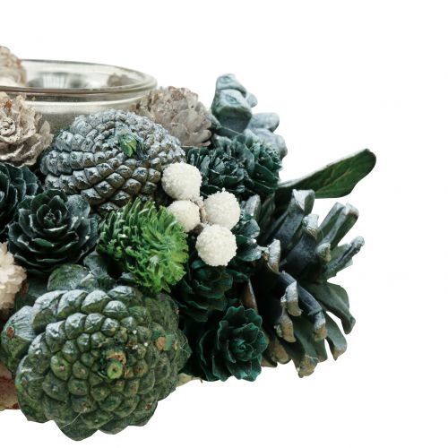 Floristik24 Asztali dekorációs koszorú kúpokból teamécses zöld Ø20cm