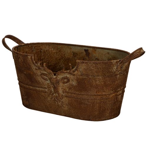 Ovális fémtál fülekkel, szarvas motívummal, rozsdabarna felülettel, 36 cm