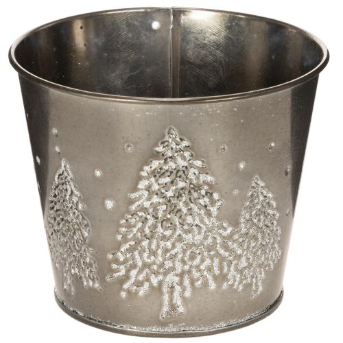 Fém virágcserép csillámos fenyőfákkal, 13 cm
