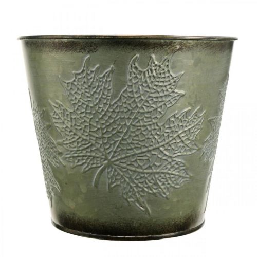 tételeket Dekoratív vödör levéldíszítéssel, őszi fazék, zöld fém díszítéssel Ø17cm H14,5cm