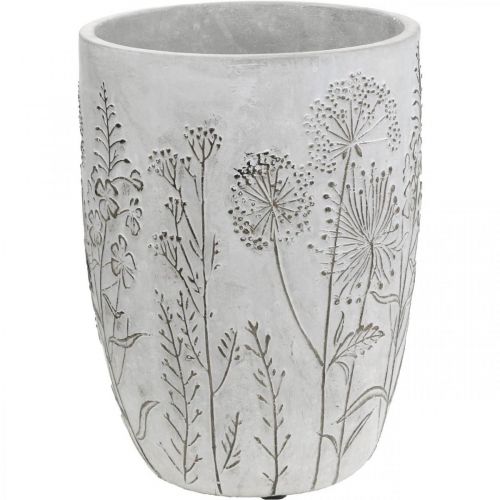 Váza Beton fehér Virágváza domborműves virágokkal, vintage Ø18cm