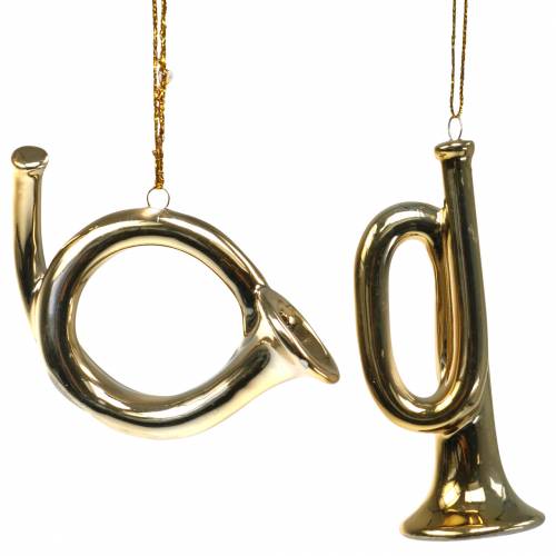Floristik24 Karácsonyfadísz trombita és kürt akasztható arany 9,5cm 2 db
