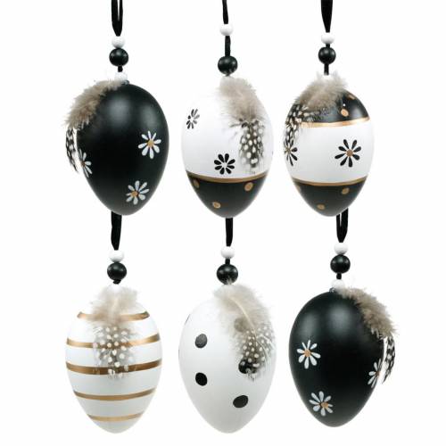 Floristik24 Húsvéti tojás akasztható fekete, fehér Húsvéti dekorációs tojás rugós 6db