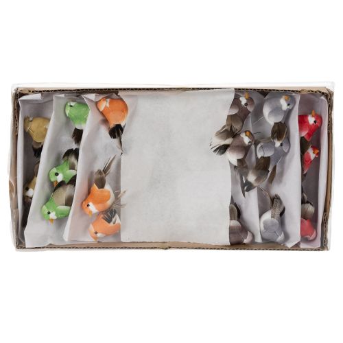 tételeket Dekoratív madarak, mesterséges lakberendezési tárgyak, tavaszi alkalmakra, színes, valódi tollazattal, 5 cm, 18 darab