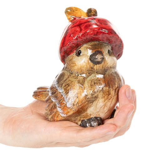 Dekoratív madárfigura piros almakalappal, őszi dekoráció, 13cm | Floristik24.hu