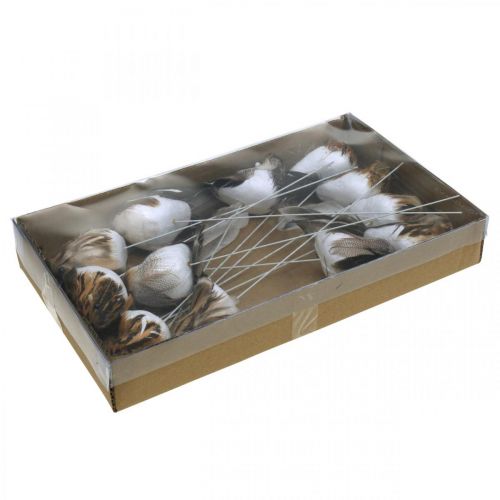 Floristik24 Tavaszi, dróton madár, virágdísz fehér, natúr szín H4,5cm 12 db