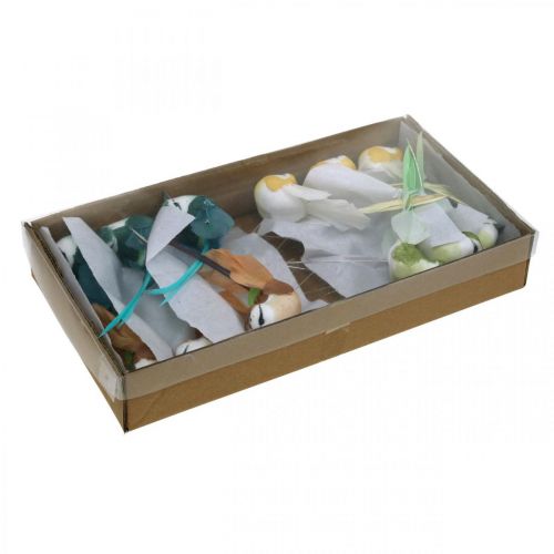 Floristik24 Díszmadarak, tavaszi dekoráció, tollas madarak, nyár, madarak dróton, színes H3,5cm, 12 db