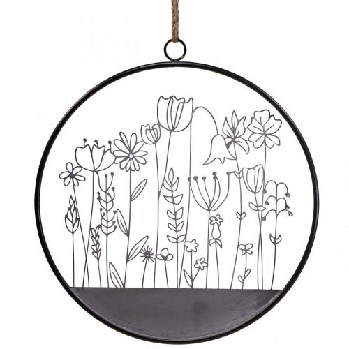 Floristik24 Fali dekoráció virággyűrű nyári dekoráció fém szürke/fekete Ø38cm