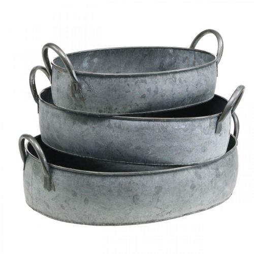 Floristik24 Ültetőgép fogantyúval, cink kád, antik megjelenésű virágtál, ezüst L35,5 / 30,5 / 26,5 cm, 3 db-os készlet