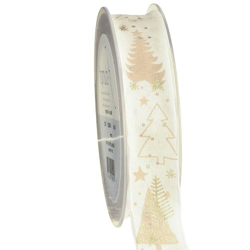 Floristik24 Karácsonyi szalag krémszínű arany fenyőfákhoz 25mm 15m
