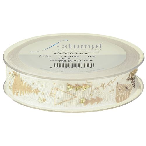 Floristik24 Karácsonyi szalag krémszínű arany fenyőfákhoz 25mm 15m