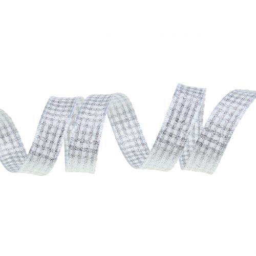 Floristik24 Karácsonyi szalag csillámfehér kockás szalag 15mm 20m