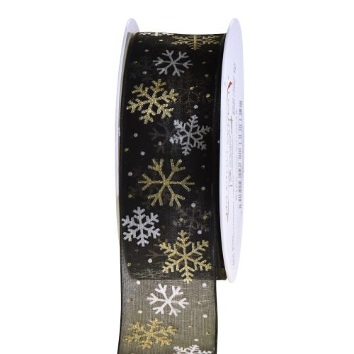 Karácsonyi szalag organza hópelyhek fekete arany 40mm 15m