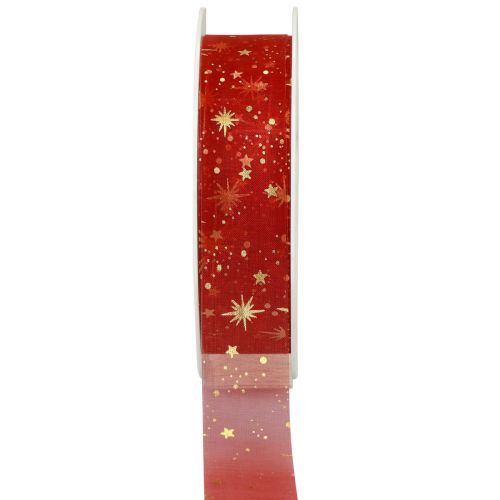 Floristik24 Szalag karácsonyi, organza vörös csillag mintás 25mm 25m