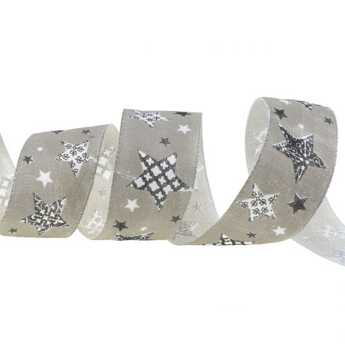 Floristik24 Karácsonyi szalag csillag motívummal szürke 40mm 20m