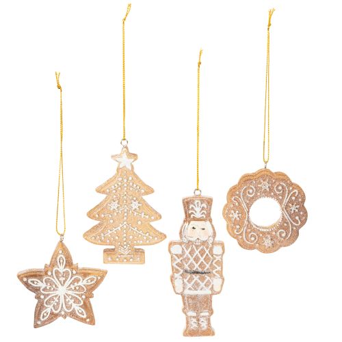 Karácsonyi díszek, mézeskalács, cukormázas mintás, diótörő, csillag, fa, koszorú, 6 cm, 4 darab