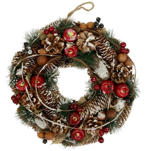 Floristik24 Karácsonyi koszorú dekoratív gyümölcsökkel behavazva Ø33cm-ben